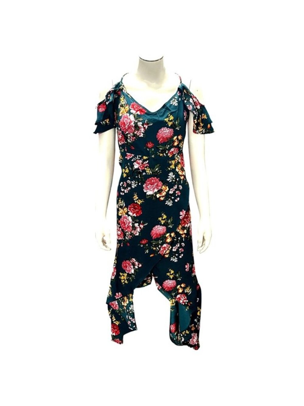 Teal Floral Cold Shoulder High Low Dress 1XL Romantic Spring Summer Chic Style